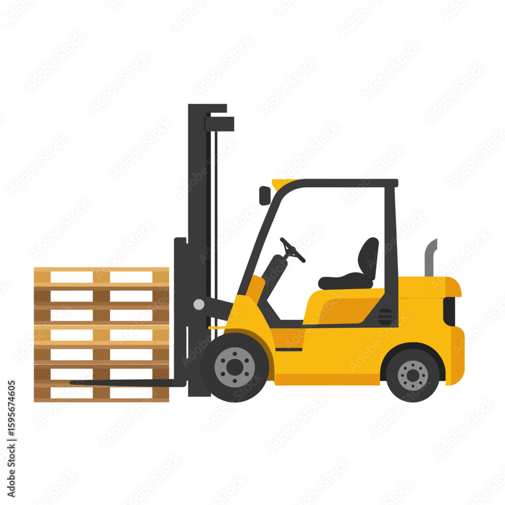A yellow forklift truck transports a wooden pallet, illustrating logistics, warehousing, and material handling in a simple, flat vector style against a white background. A yellow forklift truck transports a wooden pallet, illustrating logistics, warehousing, and material handling in a simple, flat vector style against a white background.