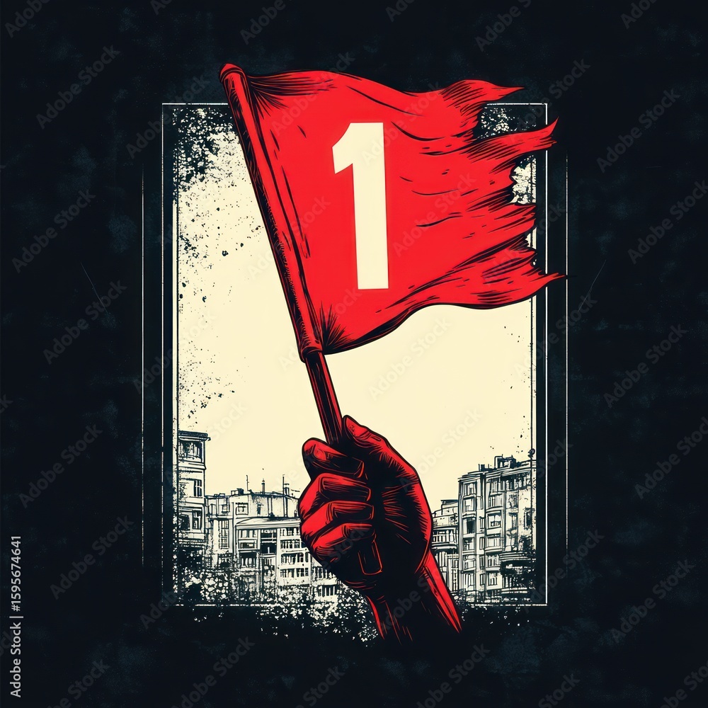 Red hand holding a waving red flag with the number one, set against a backdrop of urban buildings, evoking a strong and determined mood Red hand holding a waving red flag with the number one, set against a backdrop of urban buildings, evoking a strong and determined mood