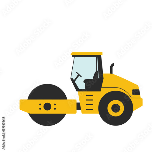 A vibrant illustration showcases a yellow road roller, a construction vehicle essential for infrastructure projects, set against a clean white backdrop.