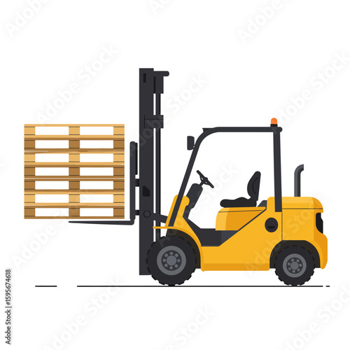 A bright yellow forklift truck lifts a wooden pallet loaded with cargo, symbolizing logistics and warehouse operations effectively.