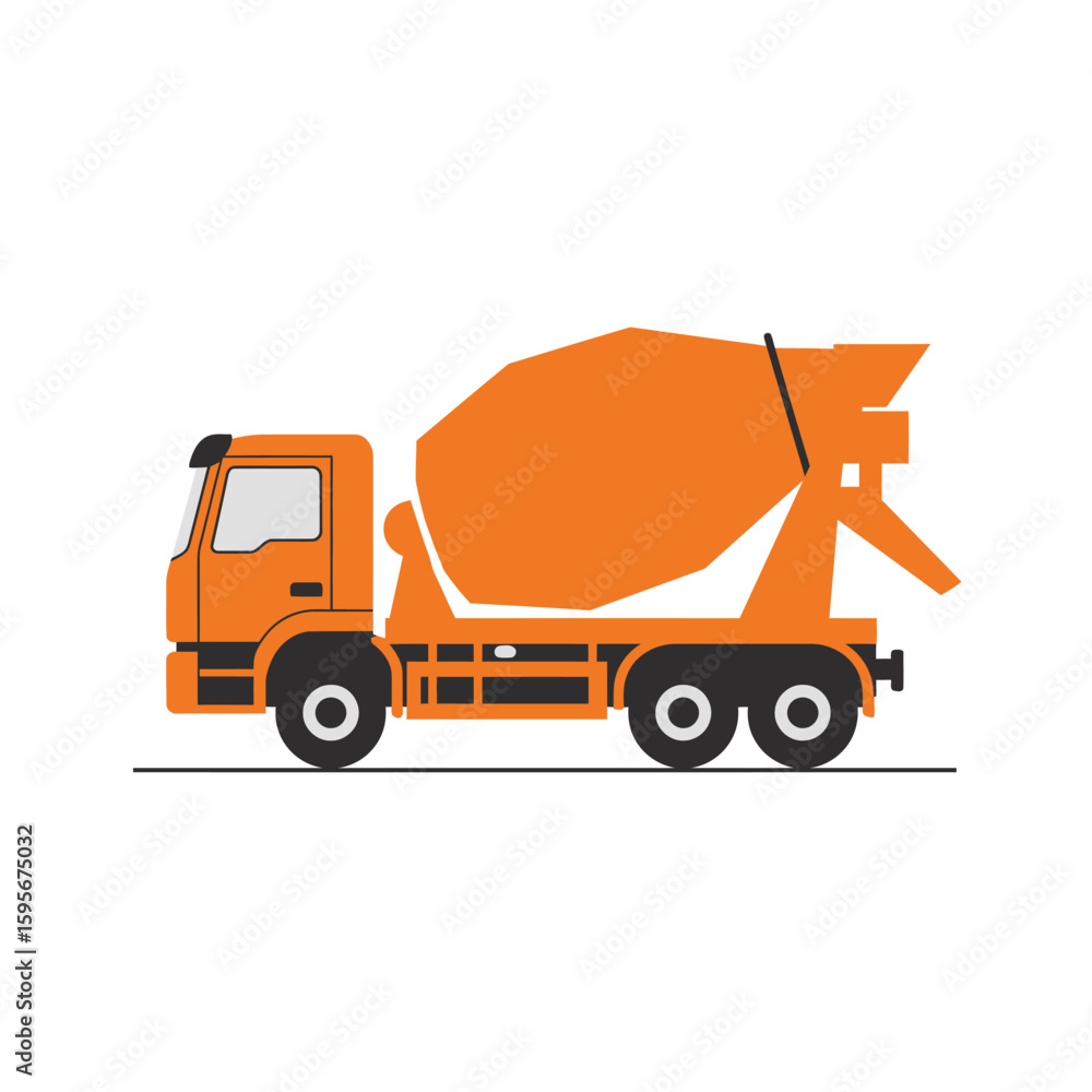 Fototapeta premium A vibrant orange cement mixer truck stands ready, an illustration that captures the essence of construction and industrial activity, ideal for educational and design projects.