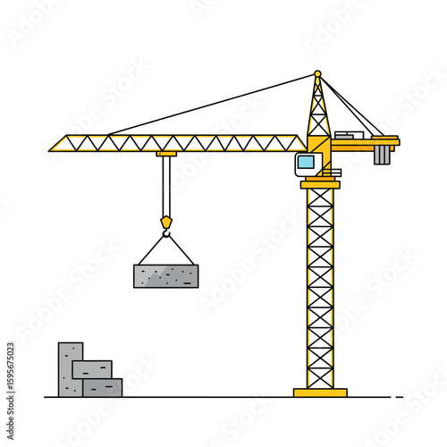 A vibrant yellow tower crane illustration actively lifts a heavy concrete block, symbolizing ongoing construction and industrial development.