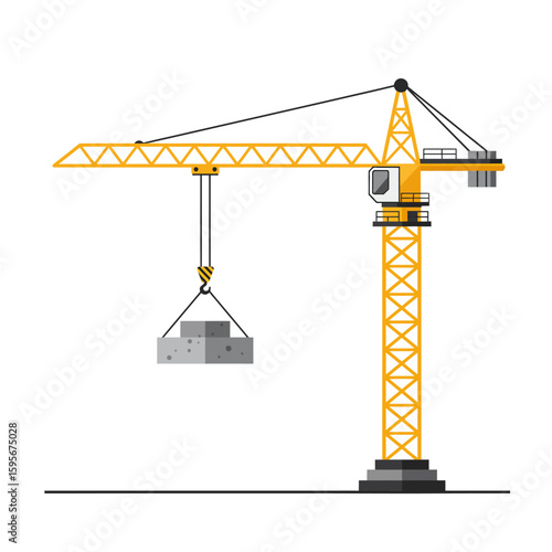 A flat illustration presents a yellow construction crane lifting a concrete block, showcasing engineering and building processes against a clean, white backdrop.