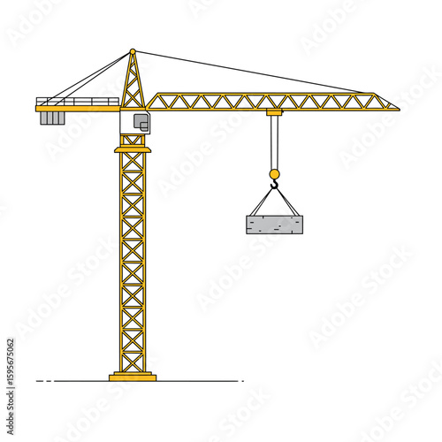 A yellow tower crane illustration lifts a heavy concrete block, symbolizing construction and building development on a clean white background.