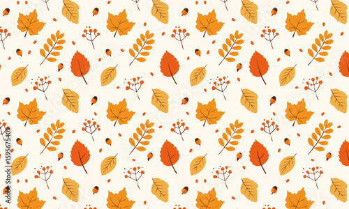 Cute autumn seamless pattern with fall maple leaves, acorns and berries, Festive Thanksgiving vector background