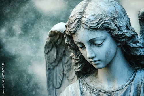 close-up of an aged stone angel statue with outstretched wings surrounded by a misty, somber atmosphere evoking a sense of peace and reflection