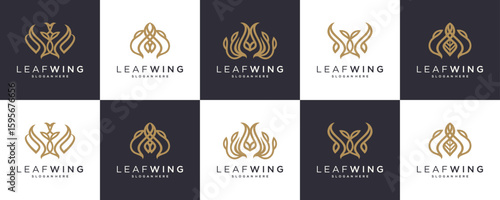 Set Collections of Flower Leaf and Wing Logo Design Ideas. Vector Combined of Luxury Floral Decor and Ornament.