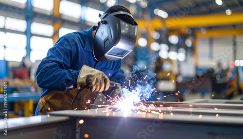 Fototapeta Naklejka Na Ścianę i Meble -  Factory worker welding metal frame in a clean industrial space