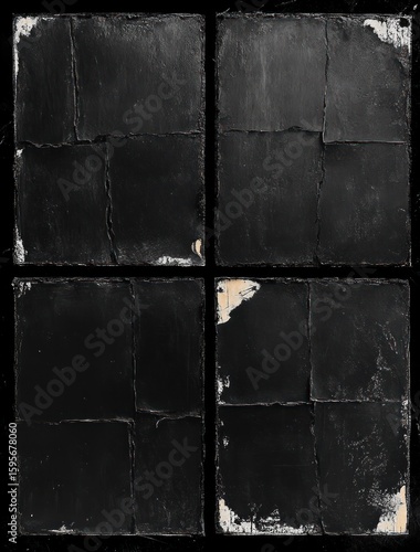 Four black textured rectangles arranged in a grid with visible cracks, peeling edges, and worn areas creating an aged and distressed appearance