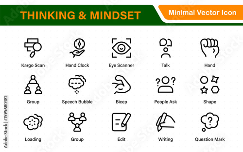 Thinking and Mindset Line Icons. Strategy, analysis, innovation, problem‑solving, rational ideas, Logic, reasoning, solutions, planning, Evaluate, solve, reason, plan with modern line‑style icons.