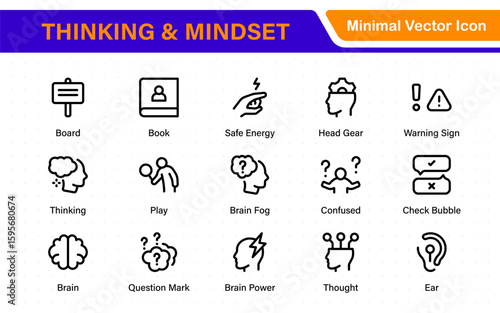 Thinking and Mindset Line Icons. Strategy, analysis, innovation, problem‑solving, rational ideas, Logic, reasoning, solutions, planning, Evaluate, solve, reason, plan with modern line‑style icons.