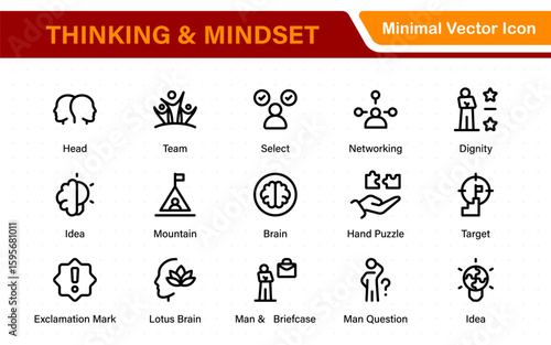 Thinking and Mindset Line Icons. Strategy, analysis, innovation, problem‑solving, rational ideas, Logic, reasoning, solutions, planning, Evaluate, solve, reason, plan with modern line‑style icons.