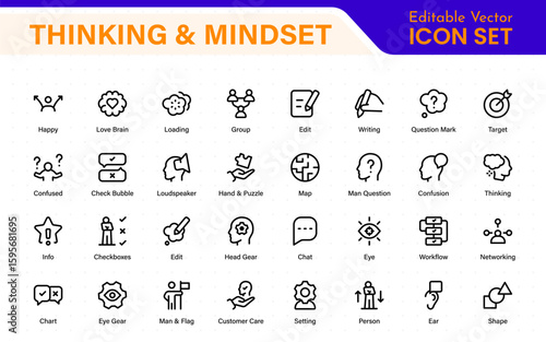 Thinking and Mindset Line Icons. Strategy, analysis, innovation, problem‑solving, rational ideas, Logic, reasoning, solutions, planning, Evaluate, solve, reason, plan with modern line‑style icons.