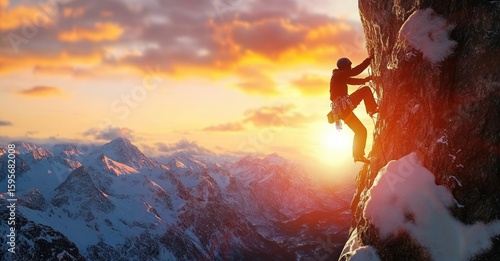 Fototapeta Naklejka Na Ścianę i Meble -  Silhouetted climber scaling a snow-covered rocky mountain at sunset with a dramatic sky and snow-covered peaks in the background, evoking determination and adventure