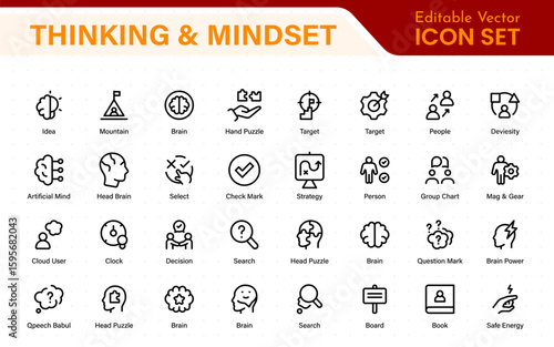 Thinking and Mindset Line Icons. Strategy, analysis, innovation, problem‑solving, rational ideas, Logic, reasoning, solutions, planning, Evaluate, solve, reason, plan with modern line‑style icons.