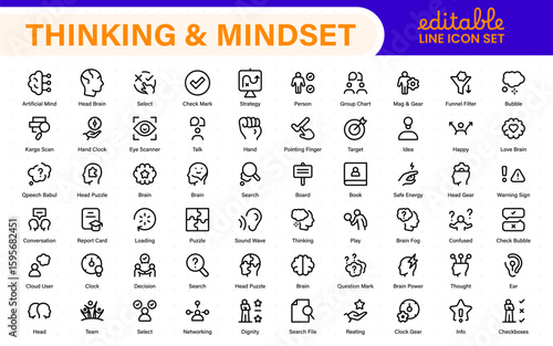 Thinking and Mindset Line Icons. Strategy, analysis, innovation, problem‑solving, rational ideas, Logic, reasoning, solutions, planning, Evaluate, solve, reason, plan with modern line‑style icons.