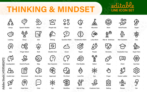 Thinking and Mindset Line Icons. Strategy, analysis, innovation, problem‑solving, rational ideas, Logic, reasoning, solutions, planning, Evaluate, solve, reason, plan with modern line‑style icons.