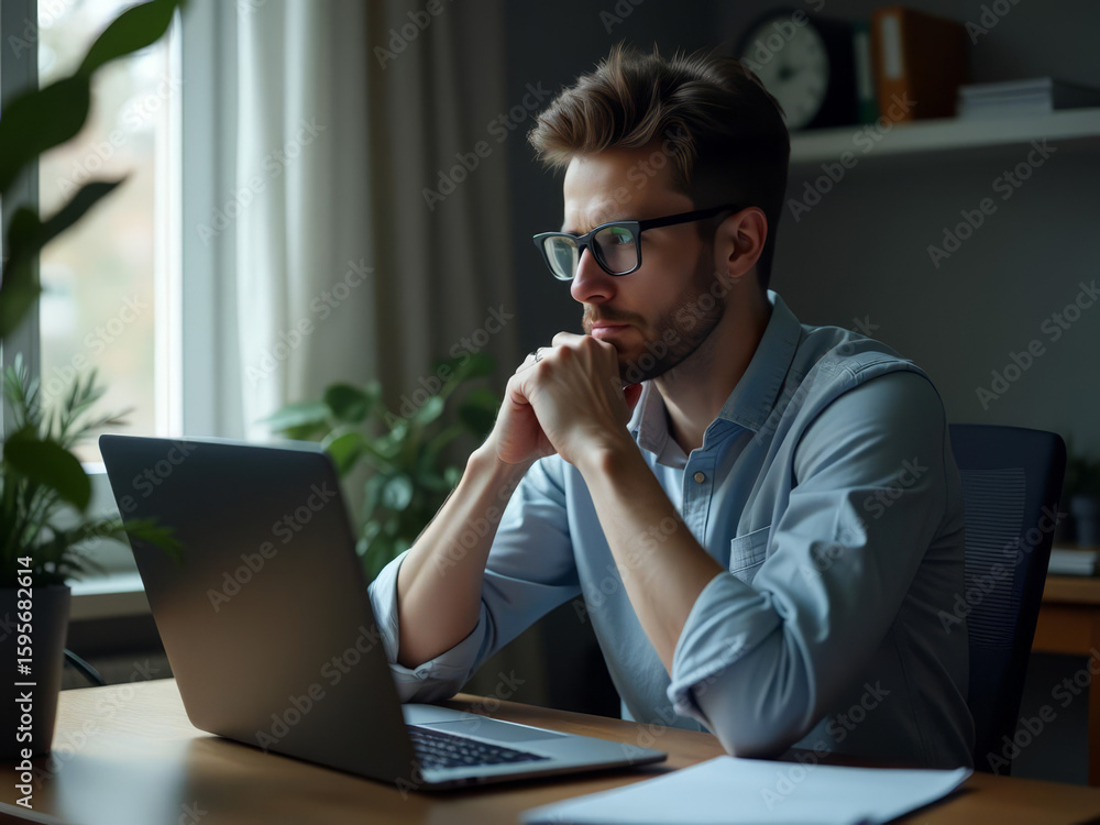 Fototapeta premium Homme concentré en télétravail réfléchissant devant son ordinateur dans un bureau lumineux et calme 