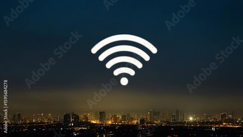 Wireless communication technology with glowing WiFi signal over city
