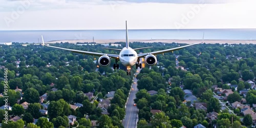 Airplane jumbo jet flying over a residential neighborhood