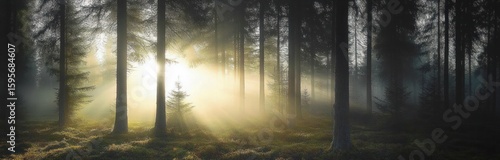 Sunlight piercing through tall dense trees in a misty forest creating peaceful golden rays and contrasting shadows