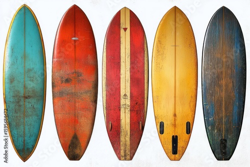 Five vintage surfboards in various colors and designs displayed upright on a white background, showing signs of wear and rustic texture, evoking a nostalgic and adventurous mood