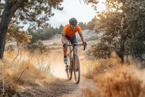 Cyclist riding a gravel bike on a dusty trail in a sunlit natural landscape with dry grass and trees, wearing bright orange cycling gear and helmet