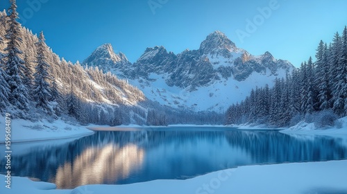 Wallpaper Mural Serene winter landscape featuring snow-covered evergreen trees surrounding a calm reflective lake with towering snow-capped mountains under a clear blue sky Torontodigital.ca