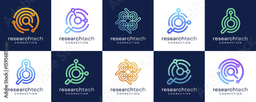 Set Collections of Science and Research Technology, Logo Design Ideas. Vector Combined of Magnifying Glass and Network Connection Concept.