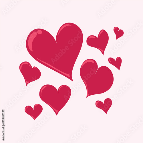 Collection of red glossy hearts in hand-drawn cartoon style. Perfect for Valentine, love-themed projects, greeting cards, kids’ art, romance illustrations, and cute decor.