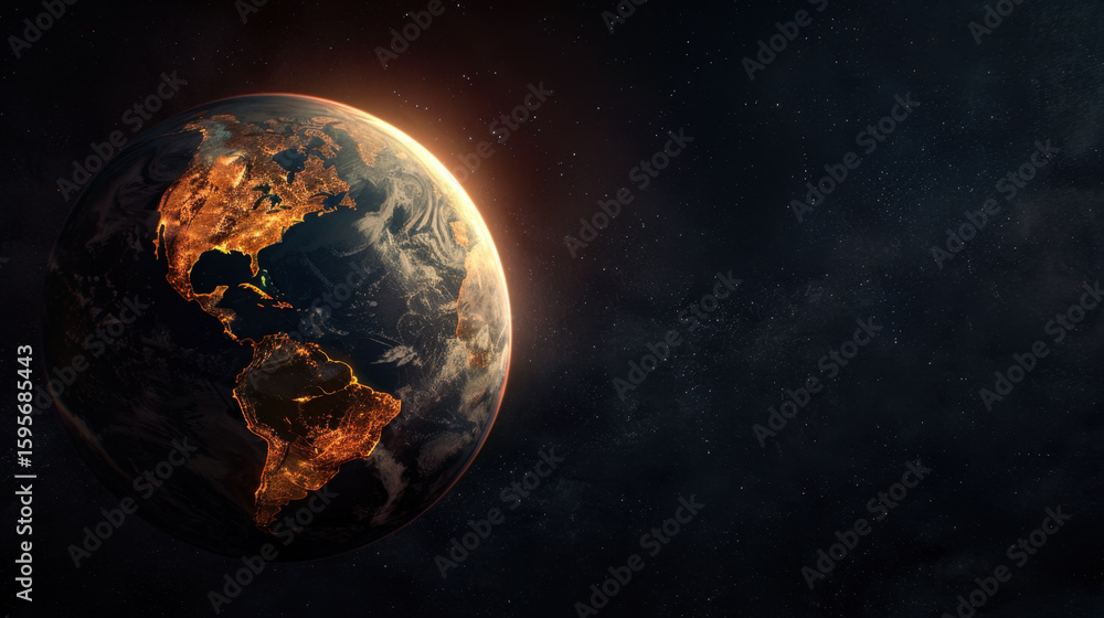 Fototapeta premium Stunning view of Earth illuminated at night, showcasing vibrant city lights across continents against backdrop of deep space. glowing planet evokes sense of wonder and connection to our world