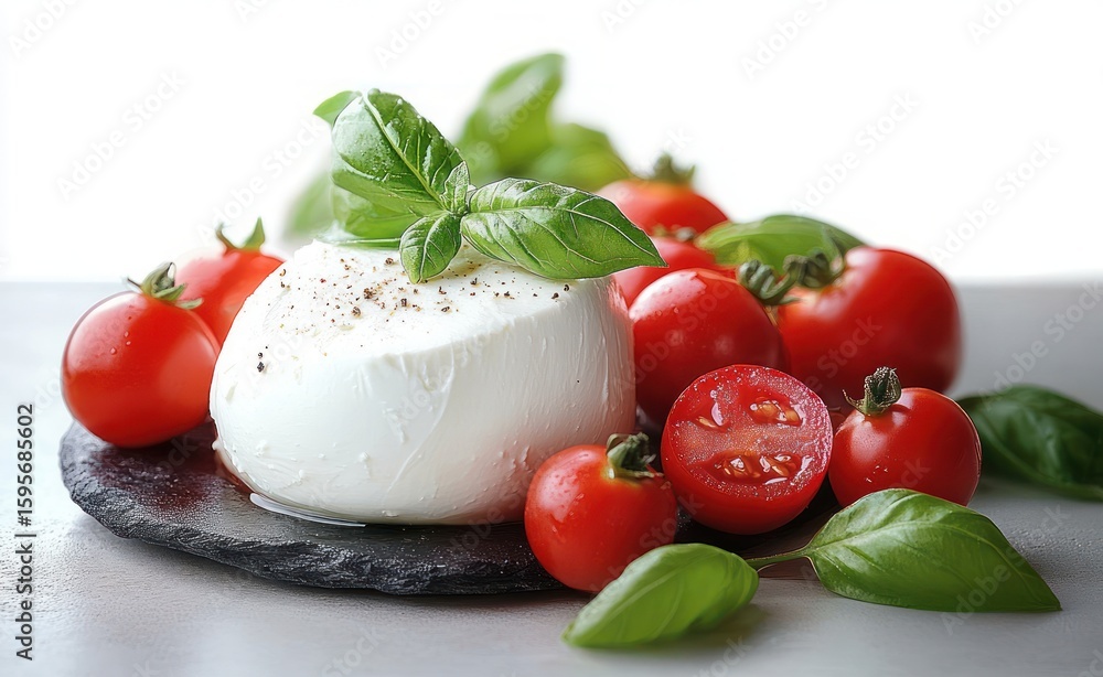 Fresh creamy mozzarella cheese ball garnished with black pepper and fresh green basil leaves surrounded by ripe red cherry tomatoes on a slate platter Fresh creamy mozzarella cheese ball garnished with black pepper and fresh green basil leaves surrounded by ripe red cherry tomatoes on a slate platter