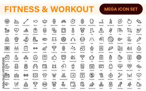 Fitness and Workout Line Icons. Running, weightlifting, diet plan, sports equipment, wellness, and activity signs.