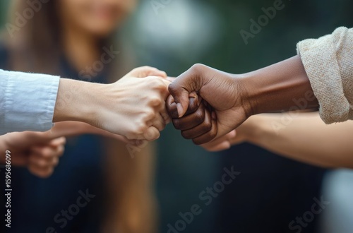 Close-up of diverse hands performing a fist bump gesture conveying unity and teamwork outdoors