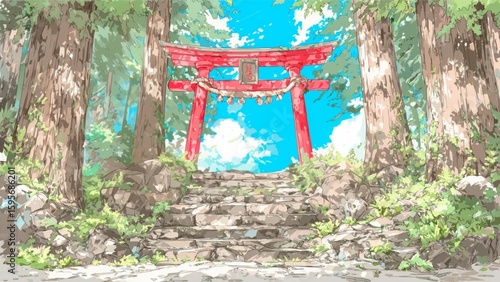 神社の背景イラスト、鳥居、Youtube、サムネイル、素材、ブログ