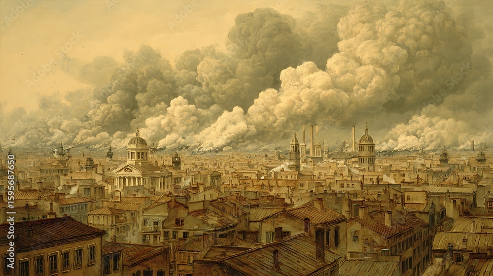 Obraz premium Heavy smoke clouds over 19th-century skyline, capturing early environmental damage in cities