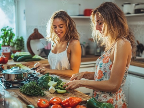 Two women smiling and preparing fresh vegetables in a bright kitchen filled with natural light and various kitchen utensils