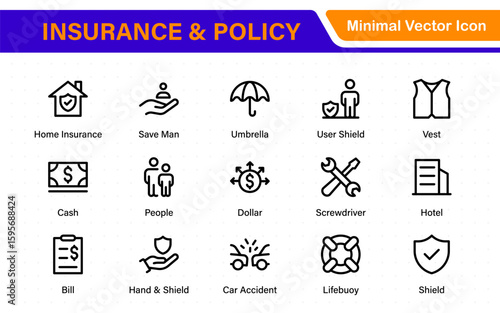 Insurance and Policy stroke icon collection. refined minimal graphic pack. Underwriting, Assurance, Safety, Shield, Life, Car, House, Care, Money Insurance.