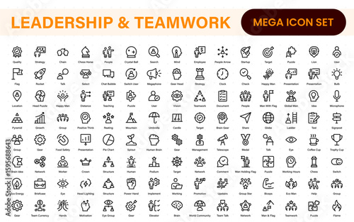 Leadership and Teamwork Line Icon set. Vector illustration in a modern, thin-line style icon for leadership, delegation, responsibility, Inspiration, decision-making, direction, growth, and more.