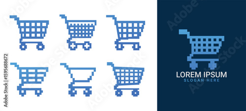 Pixel Shopping Cart Logo Set – Blue 8-Bit E-commerce Icons for Digital and Online Store Design

