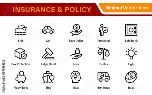 Insurance and Policy stroke icon collection. refined minimal graphic pack. Underwriting, Assurance, Safety, Shield, Life, Car, House, Care, Money Insurance.