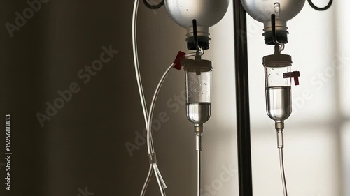 Medical IV drip system, two bottles connected by tubes, in a hospital or clinic setting.