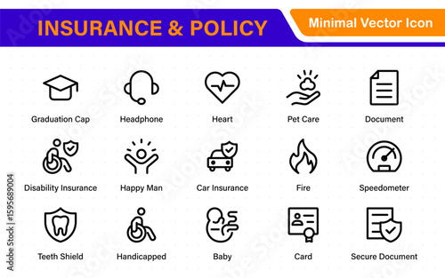 Insurance and Policy stroke icon collection. refined minimal graphic pack. Underwriting, Assurance, Safety, Shield, Life, Car, House, Care, Money Insurance.