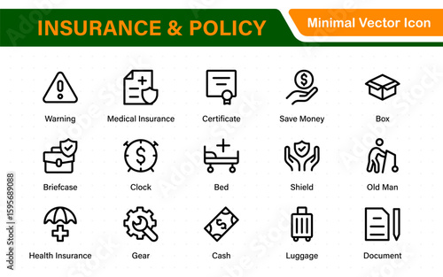 Insurance and Policy stroke icon collection. refined minimal graphic pack. Underwriting, Assurance, Safety, Shield, Life, Car, House, Care, Money Insurance.