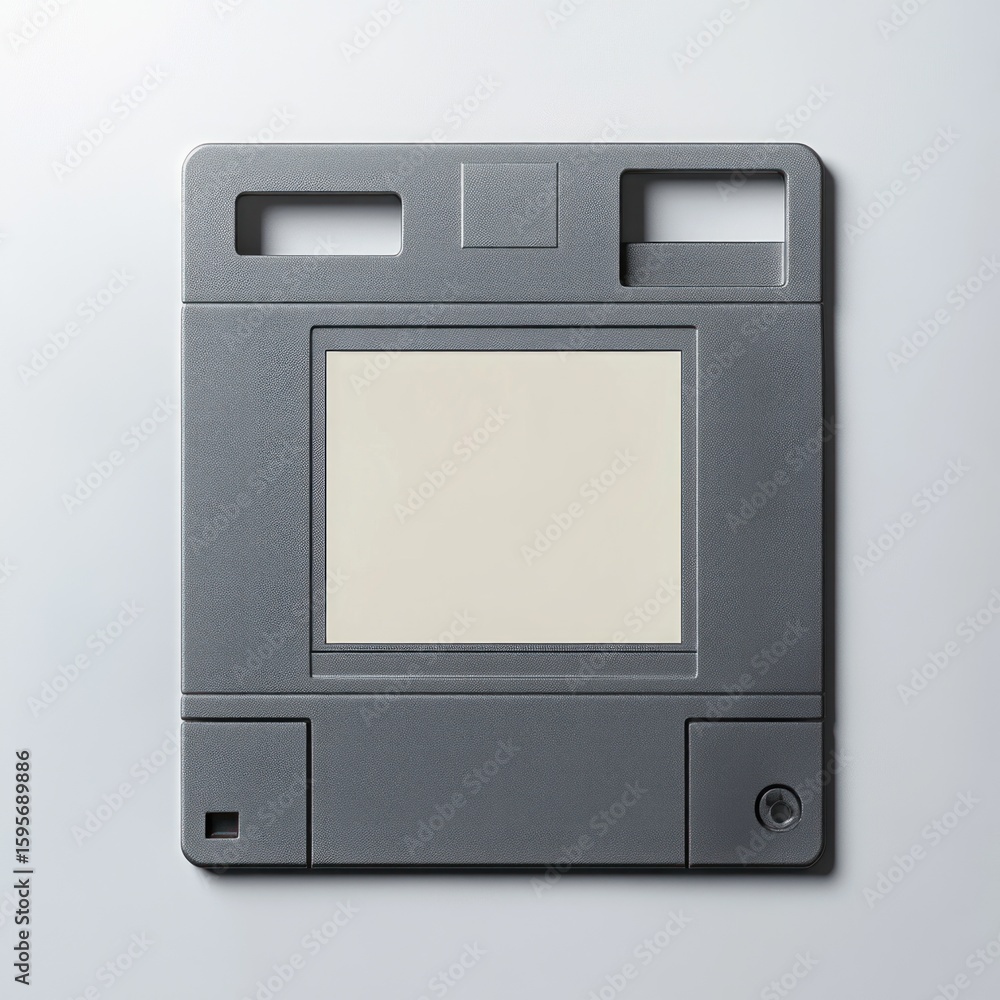 Fototapeta premium A gray vintage floppy disk with a central label area, two rectangular holes at the top, and a textured plastic surface on a light background