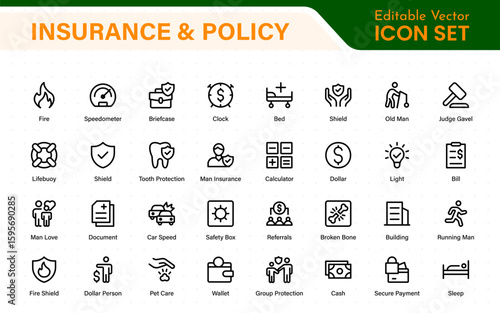 Insurance and Policy stroke icon collection. refined minimal graphic pack. Underwriting, Assurance, Safety, Shield, Life, Car, House, Care, Money Insurance.