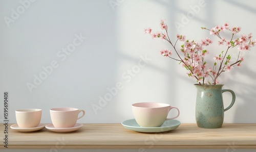 Wallpaper Mural Minimalist wooden table with three pastel ceramic cups and saucers beside a ceramic pitcher holding delicate pink cherry blossom branches casting soft shadows on a white wall Torontodigital.ca