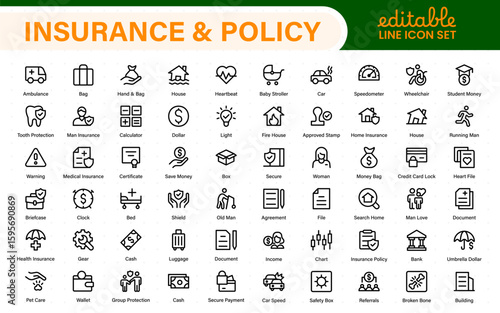 Insurance and Policy stroke icon collection. refined minimal graphic pack. Underwriting, Assurance, Safety, Shield, Life, Car, House, Care, Money Insurance.