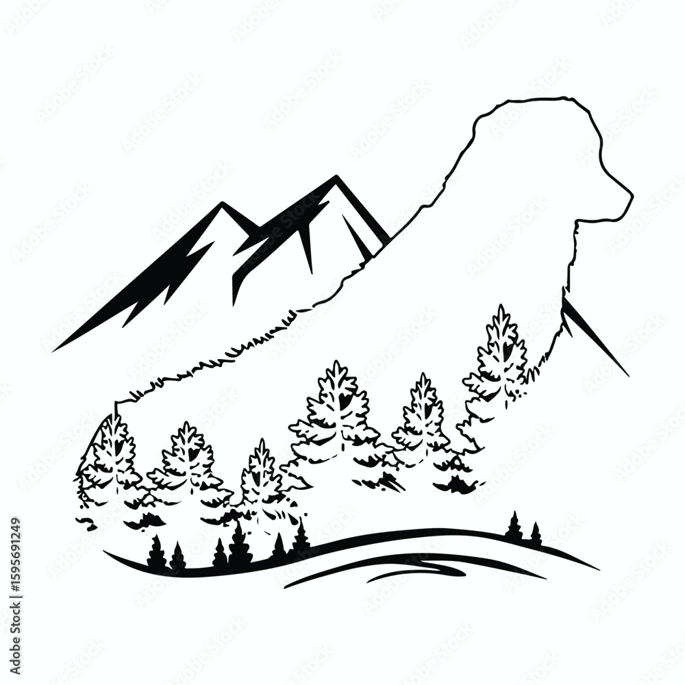 Fototapeta premium Dog outline mountain forest nature scene.