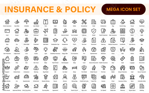 Insurance and Policy stroke icon collection. refined minimal graphic pack. Underwriting, Assurance, Safety, Shield, Life, Car, House, Care, Money Insurance.